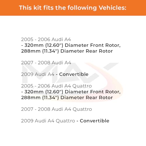 Image of Max Advanced Brakes Front & Rear Brake Kit Compatible With 2005-2007 2008 2009 A4 Quattro w /11.34 inch Rear Rotor Replacement Premium OE Disc Brake Rotors and Ceramic Brake Pads