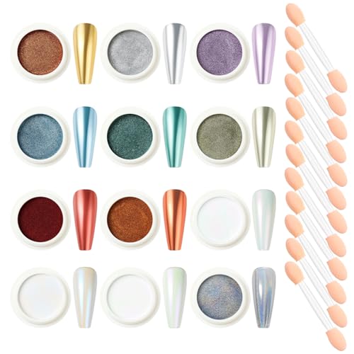 Nicedeco Polvo Cromo para Uñas con Efecto Espejo y Aurora 12 Colores de Cromo Perla Blanca Pigmento para Arte de Uñas con Glitter Decoración Chrome Powder - 2