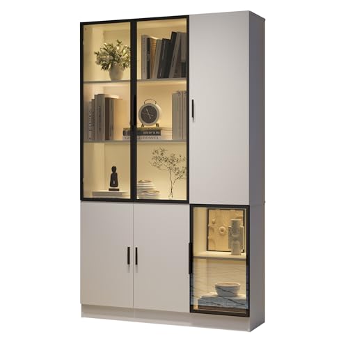 vutizal Bibliothèque Vitrée avec 10 Étagères et Éclairage LED, 120 cm - Meuble de Rangement Salon, Portes en Verre, Commande Télécommande - Blanc pour Salon,...