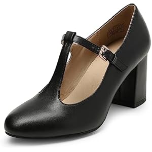 DREAM PAIRS Low Chunky Heels for Women T-Strap Mary Jane Pumps Wedding Dress Shoes 7 Black/Pu