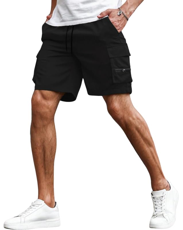 Image of SMOWKLY Men's Cotton Casual Relaxed Regular Fit Camo Cargo Shorts || Drawstring & Elastic Waist Multi Pocket Summer Beach Hiking Outdoor Work Half Pant