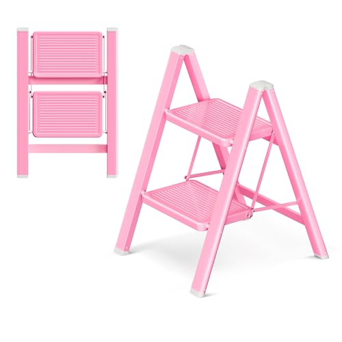 GameGem Pink 2 Step Ladder, Small Kitchen Step Stool for Adults, Widen 7.9Inch Pedal for Comfortable Use, Sturdy and Cute Step Ladder with Anti-Slip Foot, More Friendly to Women, 330Lbs Load