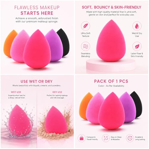 Image of Makeup Sponge Beauty Blender for Foundation, Concealer & Powder | Soft Latex-Free Blender for Flawless Makeup | Wet & Dry Use, Smooth Blending Cosmetic Puff (Random Color As Per Availability)
