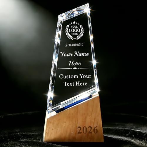 Image of Custom Crystal Award Trophy, Personalized Trophy with Company Logo & Text