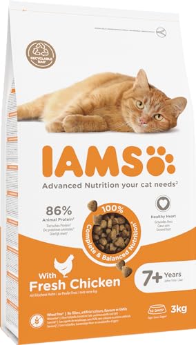 IAMS Senior Katzenfutter trocken mit Huhn - Trockenfutter für ältere Katzen ab 7 Jahren, 3 kg