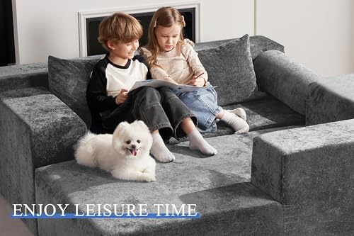 Image of HABUTWAY 105 inch L-Shape Modular Sectional Sofa Couch for Living Room,No Assembly Required,Modular Comfy Sofa with Deep Seat for Living Room Bedroom,Luxury Distressed Velvet(Right,Grey)