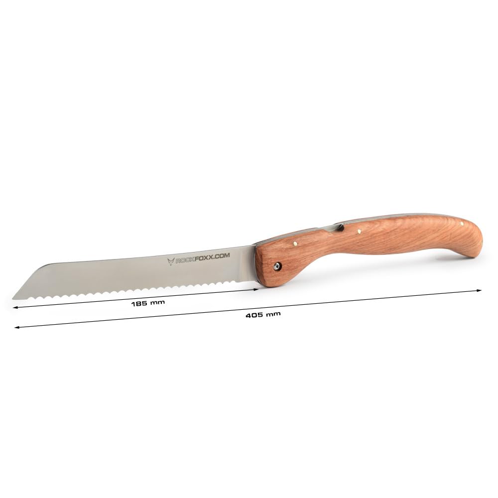 FOXXKNIFE składany nóż do chleba, scyzoryk, duży nóż 18,5 cm, bez grawerowania laserowego, uchwyt z drewna korzeniowego, ostre ząbkowanie, idealny na kemping, offroad, poszukiwacz przygód w przyczepie