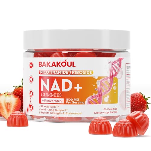 BAKAKOUL NAD Gummies, NAD Supplement - Liposomal Nicotinamide Riboside, Resveratrol, Quercetin, NAD Nicotinamide Riboside Resveratrol 900mg, NAD+ Supplement for Men and Women, 60 Gummies 1 Pack