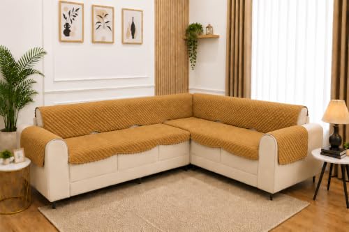 Image of 7 Seater L-Shape Sofa Cover with Arm Covers, Quilted Texture, Sectional Couch Protector for Living Room-Pack of 15 (Golden)