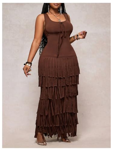 Women's Plus Size Fringe Western Dresses Boho Cowgirl Tassel Maxi Dress Bodycon Cowboy Sundresses for Country Concert3