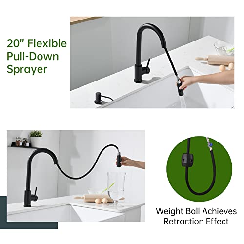Black Kitchen Faucet With Soap Dispenser, Appaso Matte Black Kitchen Faucet With Pull Down Sprayer, 2-Mode Kitchen Sink Faucets Black, Modern Kitchen Faucet For Rv/Bar Sink, Durable Stainless Steel #TOP2