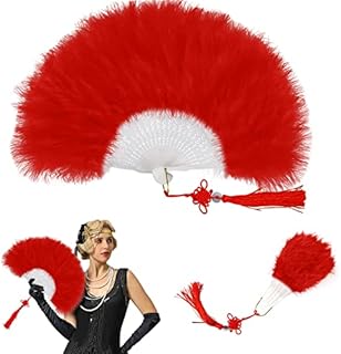 Soekodu 1920s Marabou Feather Fan, Folding Handheld Feather Fan Flapper Hand Fans for Costume Vintage Wedding Gatsby Party Dance Fan (Red)