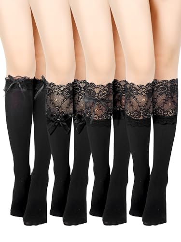 Image of Fourluoo 4 Pairs Womens Lace Socks Thigh High Socks Calf Sock with Bow Knot Lace Trim Long Boot over Knee Stockings Lolita