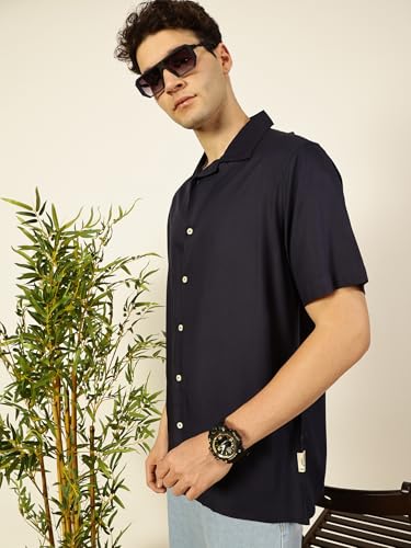 Image of Thomas Scott Men Half Sleeves Camp Collar Oversize Fit Solid Casual Shirt