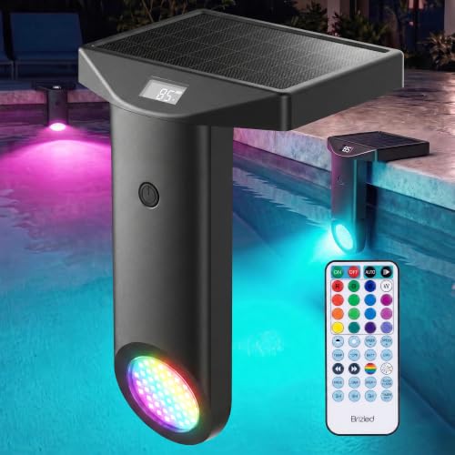 Brizled Solar Pool Lights for Above Ground & Inground Pools Temp & Battery Display LED Pool Light with Remote 16-Color & 30-Mode RGB Color Changing Outdoor Pool Lights IP68 Swimming-pool Lighting