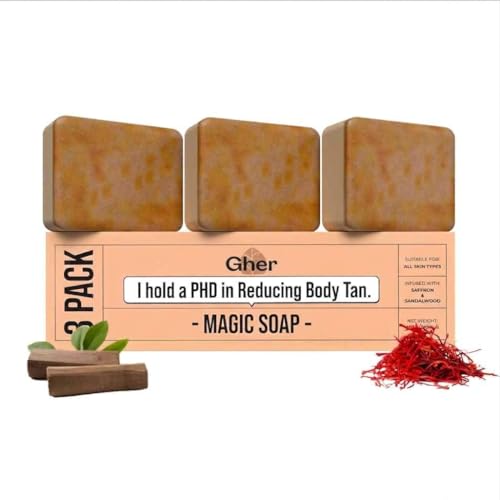 Image of Har Gher Magic Soap with Saffron and Sandalwood, De-Tanning Bar for All Skin Types, 3 Pack