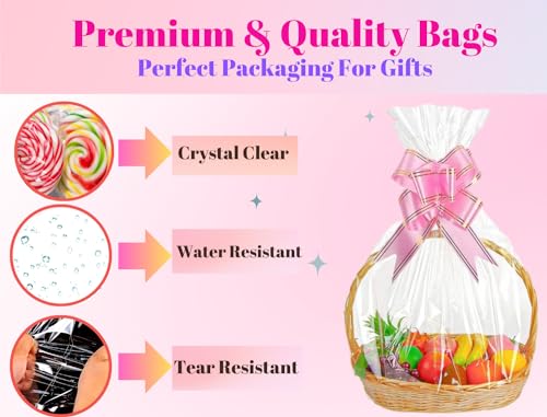MAARA 15 Large Cellophane wrap Bags For Hampers (50CMX70CM / 20"X27") Clear Hamper Basket Gift Bags With 20 Pull Bows, Clear Wrapping Cellophane For Presents Packaging - Image 2