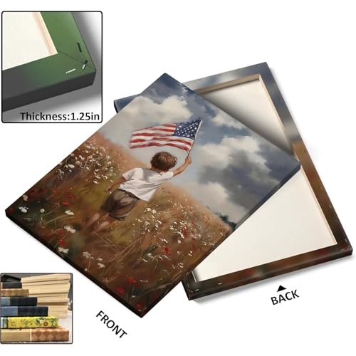 Image of Sunwes Patriotic Memorial Day Wall Art, Little Boy Holding American Flag in Flower Field Print, Inspirational USA Independence Day Framed Poster Oil Painting for Family Room or Entryway 11x14inch