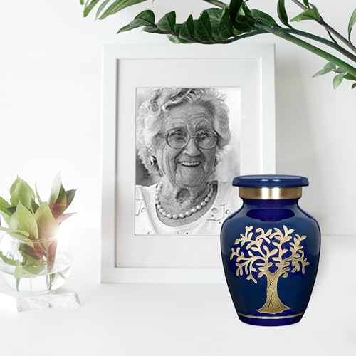 Image of Trupoint Memorials Small Urns for Human Ashes Keepsake, Tree of Life Decorative Mini Cremation Urn for Adult Men and Women, Small Blue