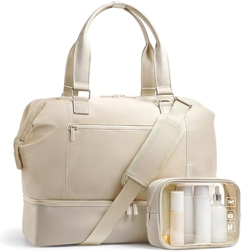 Travel Duffle Bag for Women 40L Weekender Bags Airline Approved Carry On with Shoe Compartment & Waterproof Wet Pocket Durable Nylon Weekender Overnight Bag for Travel Gym Business Trip Beige