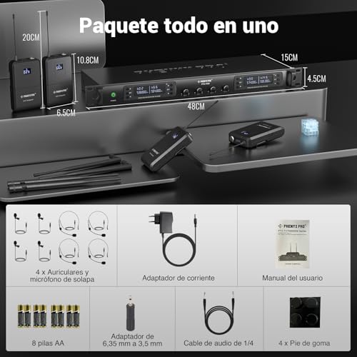 Microfono inalambrico UHF de 4 canales de largo alcance 328ft con exploracion automatica 7