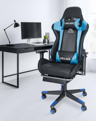 AKILABO ゲーミングチェア オフィスチェア イス 椅子 テレワーク 疲れない 幅広座面 デスクチェア オットマン付き ゲーム用チェア 165°リクライニング パソコンチェア レーシングチェア 良い座り心地 青 (ブルー) [1]