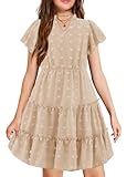 Arshiner Girls 2025 Summer Dresses Pom Poms Flutter Ruffle Sleeve Midi V Neck Polka Dot Dress with Pockets Champagne