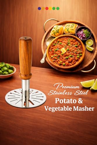 Image of Clazkit Stainless Steel Potato Masher with Wooden Handle | Heavy Duty Pav Bhaji Masher with Heat-Resistant Wooden Handle | Vegetable & Baby Food Masher | Kitchen Smasher Tool (8.5 cm Head)