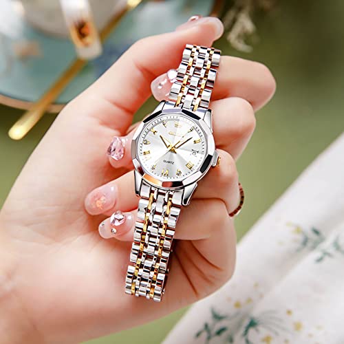 Olevs Womens Watch Fashion Dress Diamond Female Watches For Ladies Analog Quartz Stainless Steel Waterproof Luminous Day Date Gold Silver Two Tone Wristwatch #TOP7