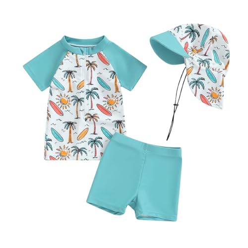 Traje de baño de bebé niño anti UV camiseta de manga corta y pantalones cortos de baño conjunto de 3 piezas traje de natación piscina playa, Azul Estilo Hawaiano, 12-18 meses