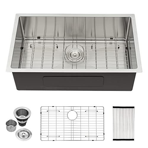 Lordear 28 Kitchen Sink Undermount 16 Gauge Stainless Steel Single Bowl Under Counter Handmade Kitchen Sink Basin, 28