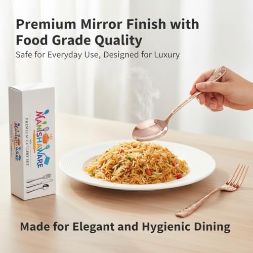 Image of Classic Rose Gold 20 Pcs Stainless Steel Cutlery Set for Dining Table, Dishwasher Safe Glossy Flatware (Perfect Spoon Fork Set)