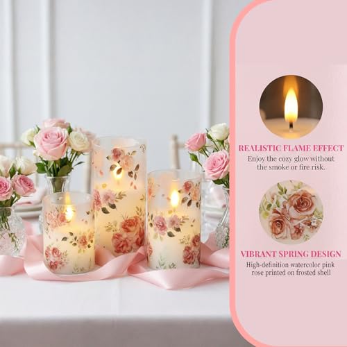 Velas de cristal rosa Wondise con efecto llama real a pilas juego de 3 4