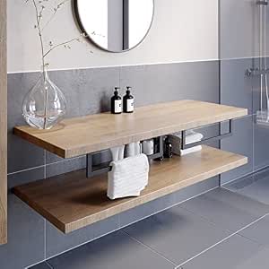 Wall Hung Bathroom Vanity Unit - 500mm Floating Shelf With Black Basin & Towel Rail, Oak Wood Finish, Made In Italy-794091