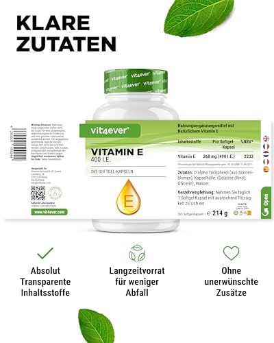 Vitamin E 400 I.E. natürlich - 365 Softgel Kapseln - Premium: Natürliches Vitamin E aus Sonnenblumen - 12 Monatsvorrat - Hochdosiert