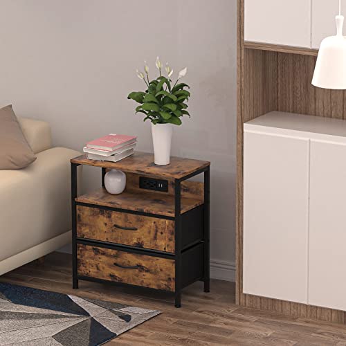 Ponrol 23”L*11”W*25”H Rustic End Table With Charging Station & Usb Ports, Entryway Narrow Side Console Table For Living Room, Nightstand With Fabric Drawer Storage Shelf Sofa Table For Bedroom, Brown #TOP6