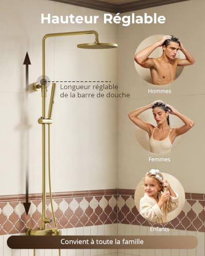 Colonne de Douche or Brossé avec Mitigeur, Robinet de Baignoire Pivotant – vue 8