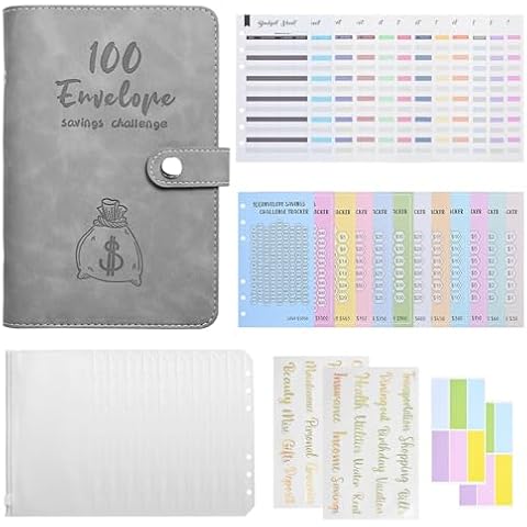 100 Envelope Savings Challenge Binder Budget Binder Book Money Saving Binder A6 Money Envelopes for Cash Budget Planner with Cash Gifts (Grey) Cover