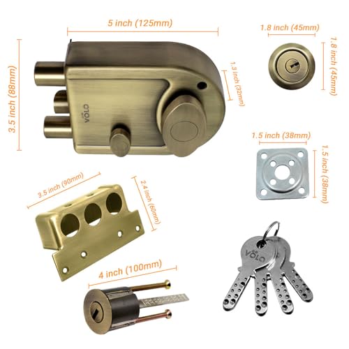 Image of VOLO Heavy Duty Tri-Bolt Rim Lock - Secure Dead Lock with Keys for Main Door, Single & Double Doors, Left & Right-Handed Use - Ideal for Home & Office (Pack of 1) (MT-02 (Antique))