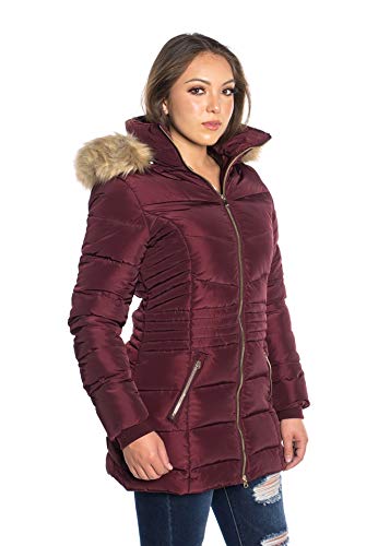 Bodilove Women's Everyday Warm Padded Puffer Mid Length Jacket With Double Zip Closure, Fur Hood And Zipper Pocket Every Day Navy S #TOP4