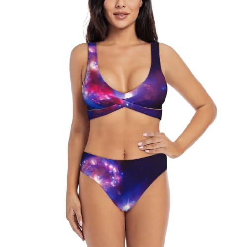 Fgwaauh Suniverse - Conjunto de bikini con estampado de estrellas estrelladas para mujer, con cuello en V, trajes de baño de playa 2026, Negro, L