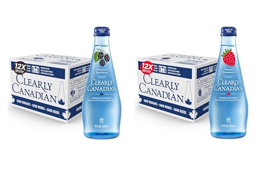 Image of Clearly Canadian Sparkling Flavored Water, 11 oz Glass Bottles - Variety of Refreshing Flavors, Premium Carbonated Beverage, Available in 12-Pack and 24-Pack Options (24 Pack, Blackberry /Strawberry)