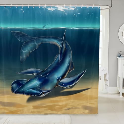 Image of Shark Shower Curtain with Hooks Hammerhead Shark Waterproof Shower Curtains for Boys Girls Kids Ocean Marine Theme Bathroom Shower Curtain Room Decor Underwater Animal Pattern Bath Curtains 72x72 Inch