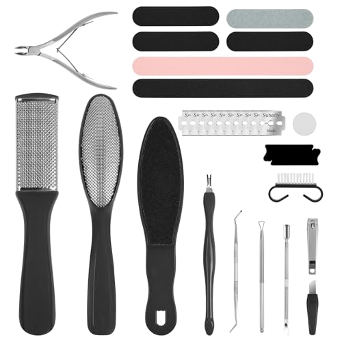 Alaoo 30 in 1 Foot File Pedicure Set Includes 3Pcs Foot Files 1Pcs Hard Skin Remover and 10 Replacement Heads for Wet & Dry Use Heel Care Scrubber Kit for Women Men Salon or Home Black