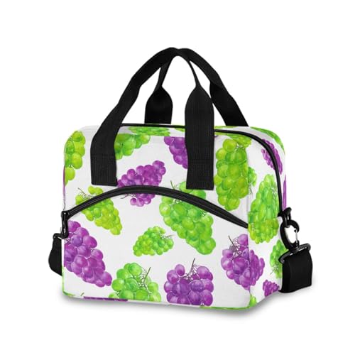 Insulated Lunch Bag Reusable Cooler Purple Grape Bunches Lunch Box Adjustable Shoulder Strap for Picnic Office School
