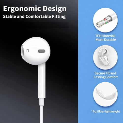 Image of Wired Earphones Compatible with iPhone, Lightning Connector, Ergonomic Design, Built-in Microphone, Volume Control, White, TPU Material