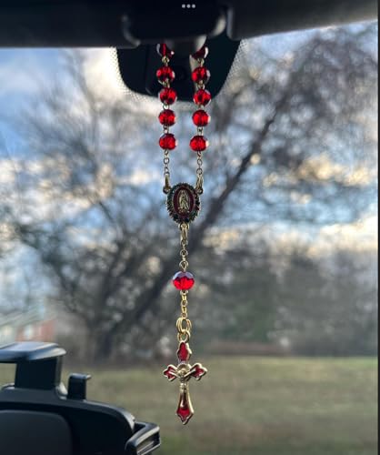 Image of Car Rosary for Rearview Mirror,Rosary for Car Mirror Hanging,Catholic Religious Gifts for Women Men,Auto Rearview Catholic Rosary Hanging Pendant with Virgin Mary Charm,interior Cars Accessories (Red)