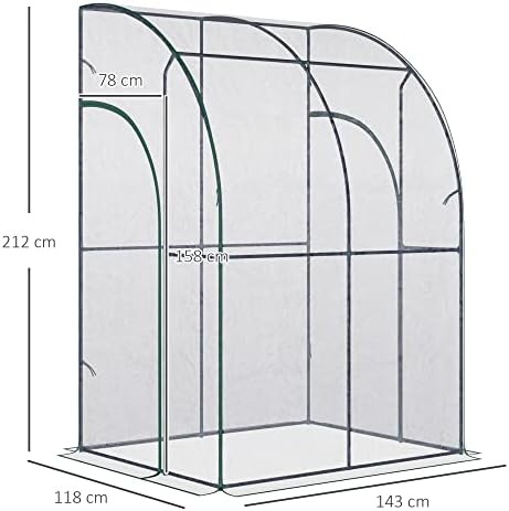 Outsunny Outdoor Walk-In Lean to Wall Tunnel Greenhouse with Zippered Roll Up Door PVC Cover Sloping Top, Clear, Green 143cm x 118cm x 212cm