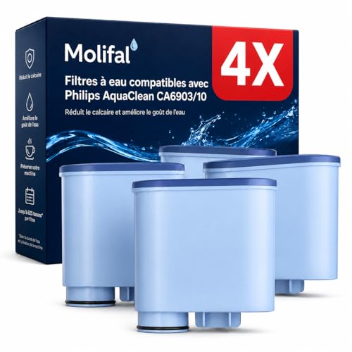 Molifal Lot de 4 filtres à eau compatibles Philips AquaClean CA6903/10, CA6903/22. Compatible avec Saeco Philips LatteGo. Sans BPA, anti-calcaire, améliore...