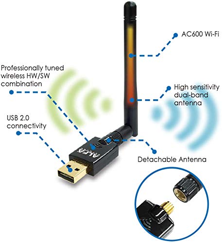 Alfa AWUS036ACS 802.11ac AC600 Wi-Fi Wireless Network Adapter - Wide-Coverage External USB Adapter w/ 2.4GHz & 5GHz Dual-Band Antenna, Compact Design for Windows, MacOS & Kali Linux